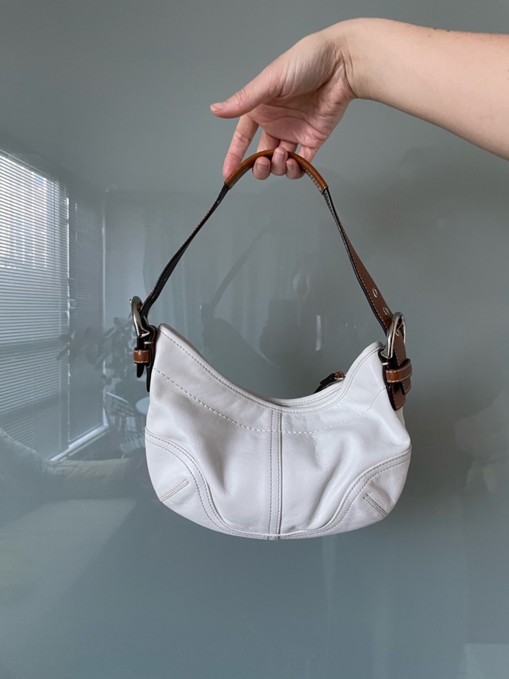 COACH small white leather purse with brown leather strap, silver hardware